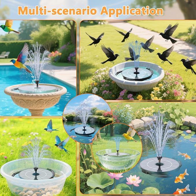 AISITIN 2.8W Solar Fountain Pump for Bird Bath Upgraded 2026, Floating Solar Powered Water Fountain Built-in 1000mAh Battery with 7 Nozzles & 3 Integrated Bracket for Bird Bath and Outdoor Garden