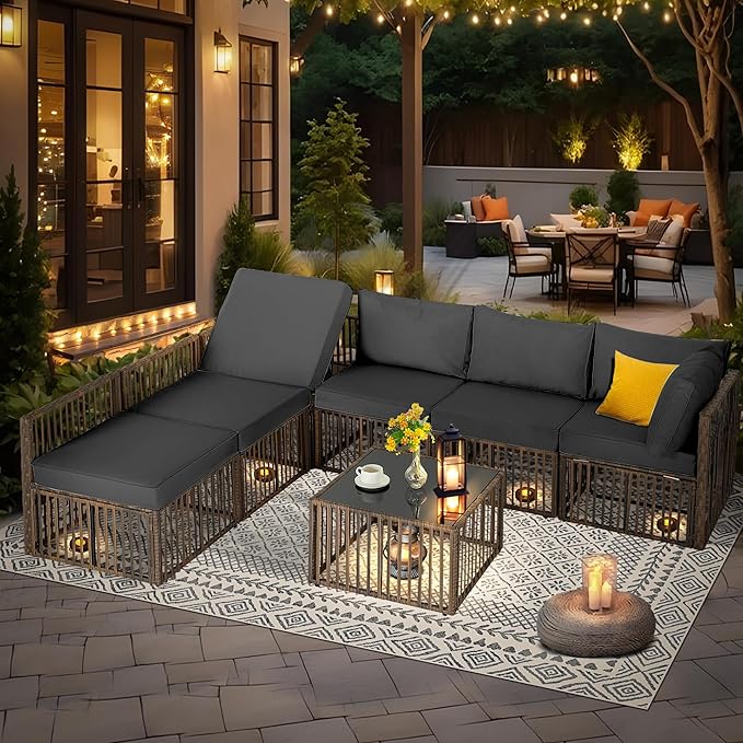 FHFO 7 Piece Patio Furniture Set, Outdoor Wicker Sectional Sofa Conversation Set Couch with Adjustable Backrest, Thick Cushion & Coffee Table for Garden, Porch, Poolside, Brown/Grey