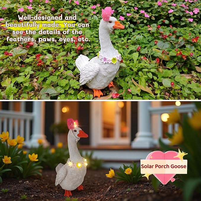 Solar Porch Goose Statue with Glowing Goose Outfits, 12 inch Resin White Goose Customizable Outdoor Garden Decor, Funny Duck Sculptures for Garden Stairs, Farm, Yard, Patio, Lawn, Easter Mom Gifts