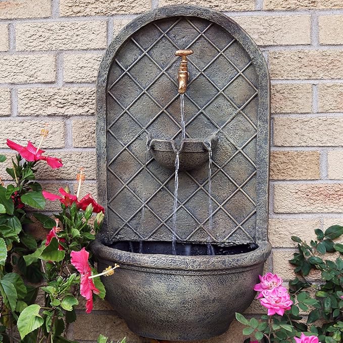Sunnydaze 26" Outdoor Wall Water Fountain with Pump and Panel - Florentine Stone - Messina - Solar/Battery-Powered