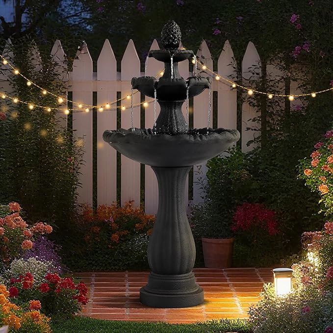 MAGIC UNION Garden Water Fountain Outdoor, 47.3" High Large Roman Italian Indoor Waterfalls, 3-Tier Standing Water Feature Fountains w/Pump & Pineapple Top for Outside Patio, Yard and Lawn (Black)