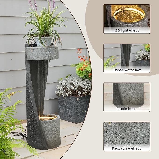 35" Modern Outdoor Patio Water Fountain & Rainfall Feature – Resin Garden Waterfall Fountain with Light Spiral Indoor Water Feature for Patio, Yard, Porch Decor – Gray