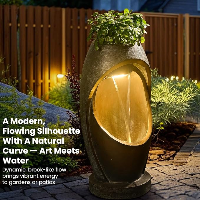 Waterfalll Water Fountain Outdoor Garden Patio Freestanding Fountains Water Feature with LED Lights, Planter Groove and Oval Cutout Design for Backyard Deck Porch Home Decor, Brown