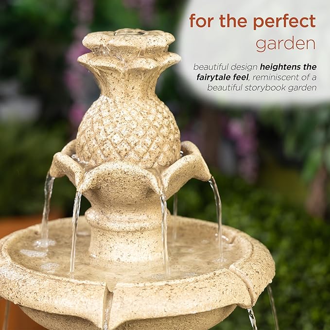 Alpine Corporation USA1590 Ivory Pineapple Multi-Tier Fountain, Statement Waterfall for Lawn & Garden, 42" H, White