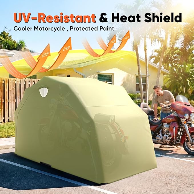 Quictent 136"x 54" Motorcycle Garage Storage Pod Shelter Hard Shell with Code Lock & Carry Bag Heavy Duty Motorcycle Tent with 2 Roll-Up Side Windows - Army Green - Image 4