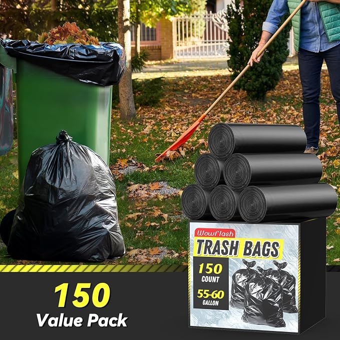 150 Count 55-60 Gallon Trash Bags, Sturdy & Tear-Resistant Commercial Can Liners 55 Gallon, Large Garbage Bags, Large Black Trash Bags for Commercial, Lawn and Leaf Bags - Image 2