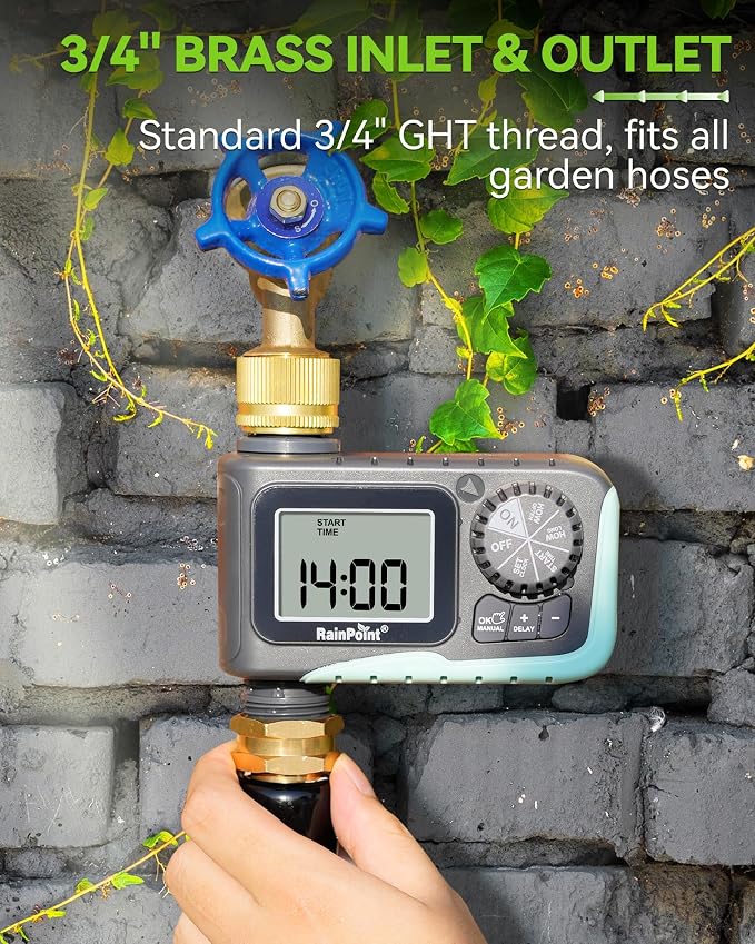 RAINPOINT Sprinkler Timer with Brass Swivel, Programmable Water Timer for Garden Hose with Rain Delay/Manual Watering, Digital Irrigation System Kit for Lawns, 1 Outlet - Image 8