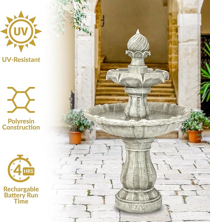 Sunnydaze 35" Solar 2-Tier Outdoor Water Fountain - Outdoor Water Fountain with Battery Backup and Pump - White