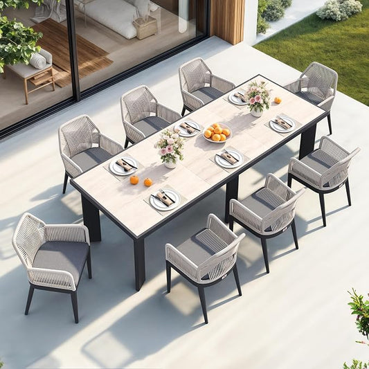 PURPLE LEAF 9 Pieces Patio Dining Set Aluminum Modern Rectangular Table and Rattan Arm Chairs with Cushions for Kitchen Porch Garden Outdoor Furniture Sets, Beige and Dark Grey by PURPLELEAF