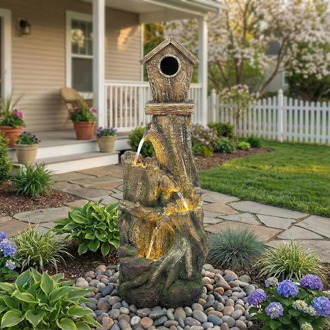 Outdoor Water Fountain with LED Lights – Charming Garden Patio Water Feature, Rustic Design, Weather-Resistant Fiberglass, Perfect for Backyards Outdoor Garden and Entryways
