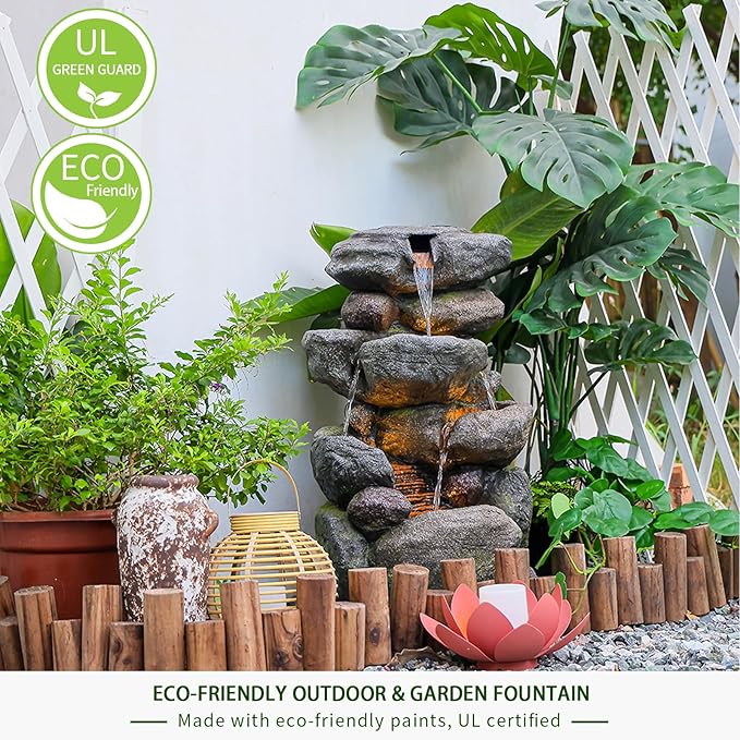 The 4-Tiered Water Fountain Outdoor&Indoor Fountain with Lights, 28.35" Waterfall Fountain for Garden, Patio, Yard, and Lawn, Natural Stone Look Water Features Outdoor Patio