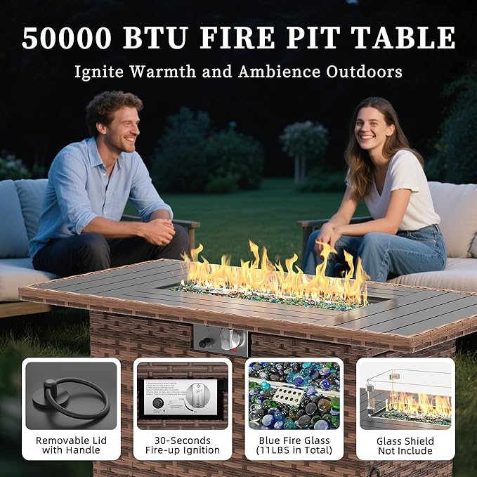 UDPATIO 5 Pieces Patio Furniture Set with Fire Pit Table, Outdoor Conversation Set with Rocking Swivel Chairs, Wicker Furniture Set with Waterproof Cover, 4'' Thickened Cushion, Khaki