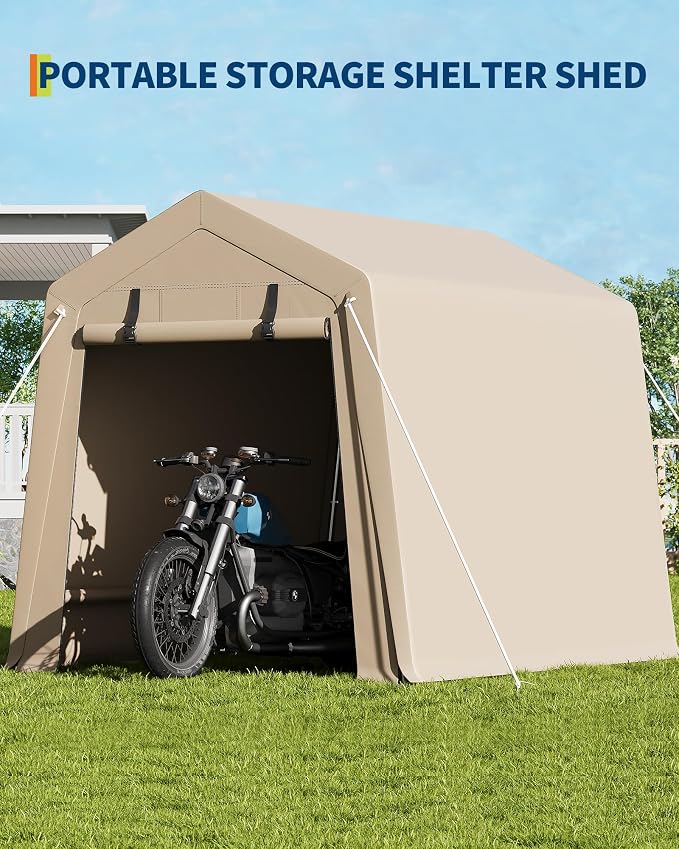 GarveeLife Portable Outdoor Storage Shed with Roll-Up Zipper Door & Vent, 240G Heavy-Duty Shelter Waterproof PE Tarp, UV-Resistant Carport for Motorcycle, Firewood, Tools (Khaki, 6'x8') - Image 6