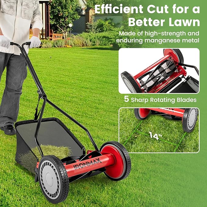 IRONMAX Lawn Mower, 14 Inch Push Reel Lawn Mower with 5 Steel Blades, Adjustable Cutting Heights, Grass Catcher Bag, Walk-Behind Manual Lawnmower for Garden Park Yard, No Motor (Red, 14 Inch) - Image 4