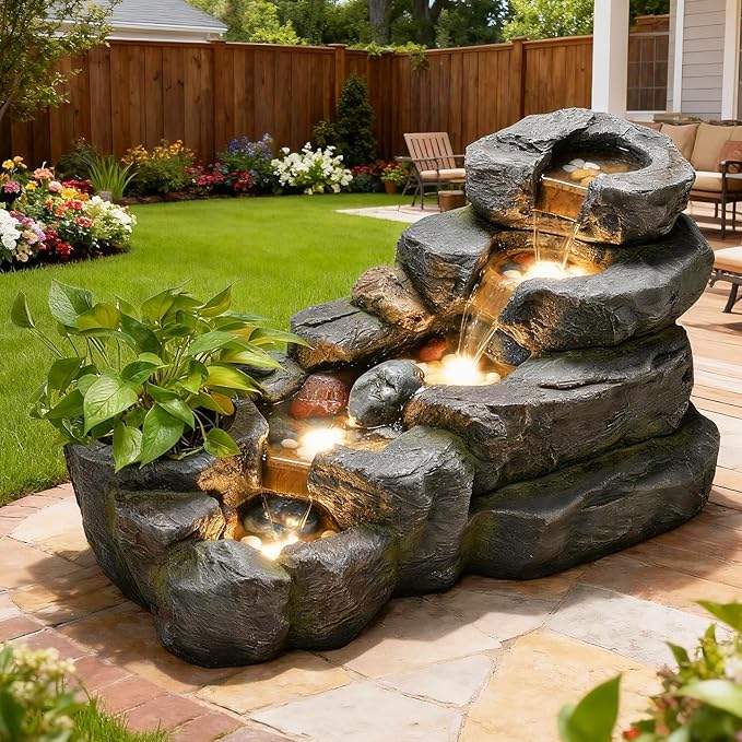 38.2" L Garden Outdoor Water Fountain 5 Tiers Floor Standing Rock Natural Waterfall Outdoor Fountains with LED Lights and Planting Pot for Patio, Porch,Backyard,Home Art Decor