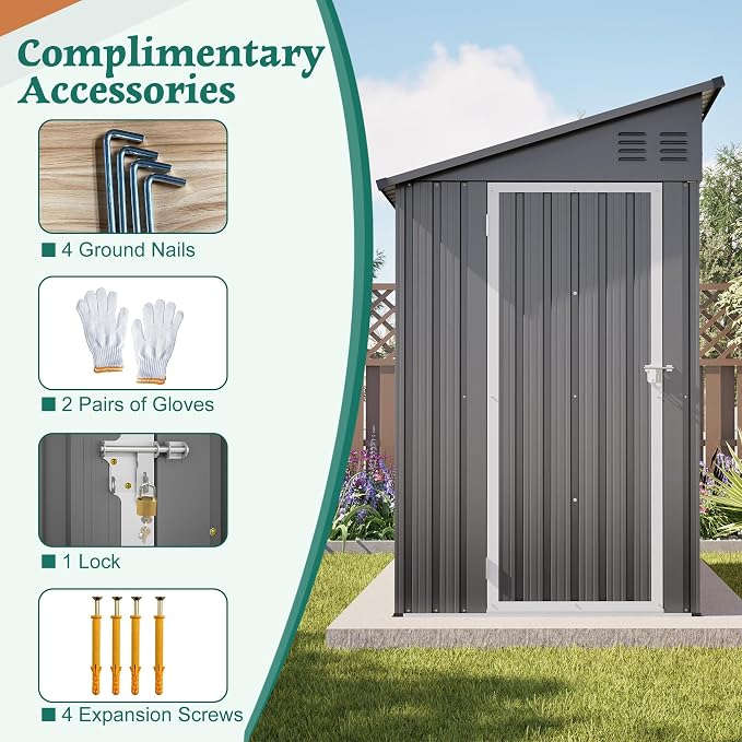 YOPTO 4×8 FT Lean to Metal Shed,Outdoor Heavy-Duty Storage Shed with Floor Base,All Weather Waterproof Garden Tool House W/Lockable Door&2 Air Vents,Reversible Door Design,for Backyard,Patio,Lawn,Gray - Image 13