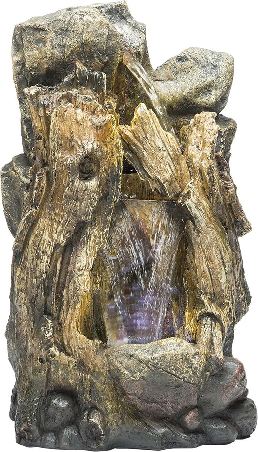 Alpine Corporation WIN270S Indoor/Outdoor Floor Rainforest Fountain with LED Lights, Tree Trunk Waterfall Fountain 22", Brown