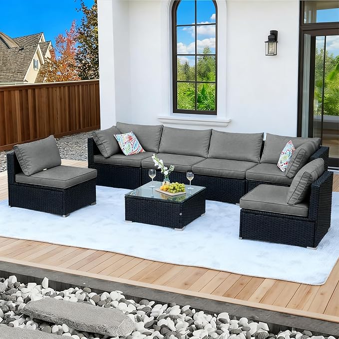 7 Pieces Black Patio Furniture Set - All-Weather Outdoor Sectional Wicker Conversation Sofa, Rattan Patio Seating Sofa Set with Grey Cushions and Glass Table for Porch Poolside