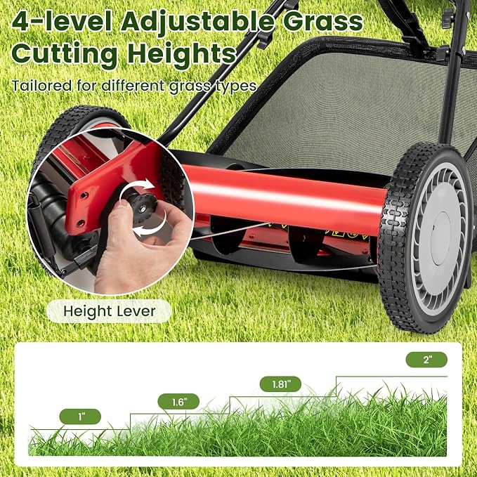 16-inch 5-Blade Push Reel Lawn Mower, Walk-Behind Grass Cutter w/Removable 7 Gallon Grass Catcher Bag & Adjustable Cutting Height, Cordless Manual Lawn Mower for Garden, Lawn, Yard (Red) - Image 5
