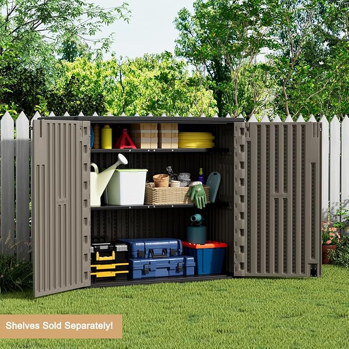 KINYING Outdoor Horizontal Storage Sheds,Outdoor Storage Cabinet Waterproof Resin Tool Storage Box for Lawn Mower,Garden Tools and Patio Furniture, Lockable (Brown) - Image 6