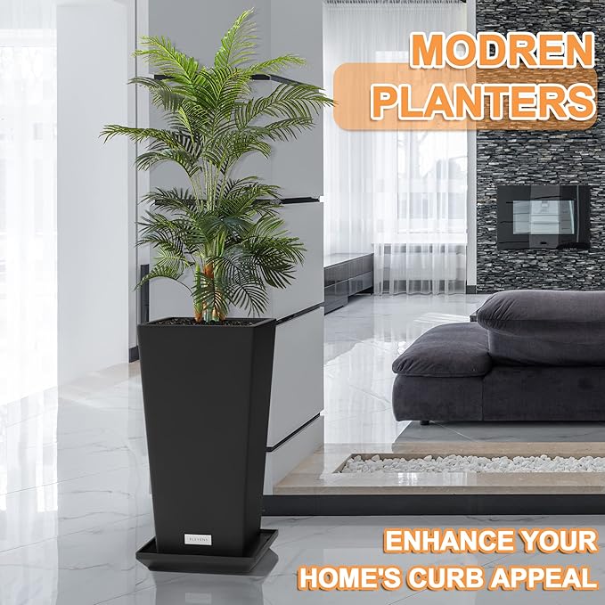 Elevens Outdoor Planter Larger Flower Pots Indoor Taper Garden V-Shape Tall Planters 28 inches Garden Pots Planter with 2 Trays - Black（2 Packs）, 28"-2 Pack (A-GE01002)