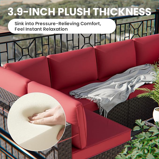 13 Pieces Outdoor Patio Furniture Set,Outdoor Sectional Furniture with 43" 55000 BTU Gas Propane Fire Pit Table,PE Rattan Wicker Patio Conversation Set with 10 Thickened Cushions,Red