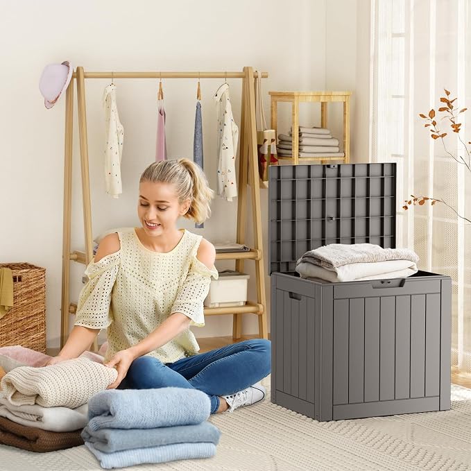 PatioZen 31 Gallon Resin Deck Box, Lockable Patio Outdoor Storage Box for Furniture, Garden Tools and Tools Storage, Waterproof Outside Storage Boxes - Grey - Image 4