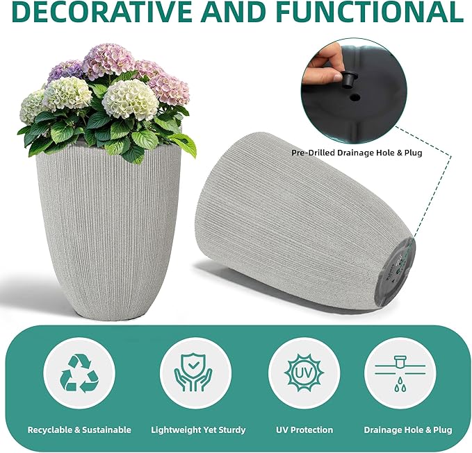 19" Tall Planter for Indoor Outdoor Plants, Set of 2 Large Flower Pot with Drainage Hole, Weather/UV-Resistant Resin Planters for Garden Patio Porch Home office Decor, Mediterranean Beige Fluted