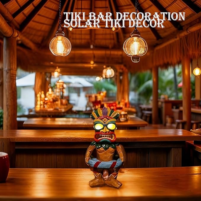 Tiki Staue, Outdoor statue with Solar Eyes, Tikis Bar Decor with Solar Light, Tikis Pool Decor, Garden Statues with Swim Ring, Tiki Porch Patio Decorations, Tiki Figurine Gift for Mom Women Friends