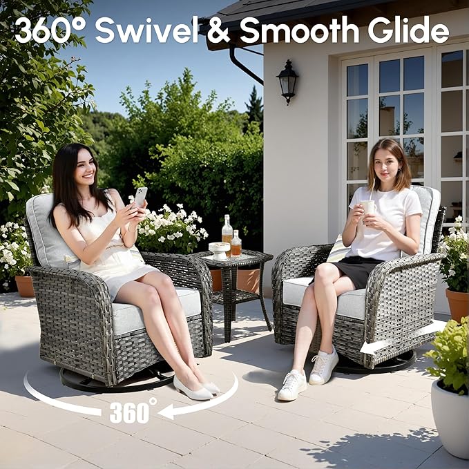 Wicker Rocking Chair Swivel Chairs - 3 Piece Rocker Glider Patio Chairs Set Rattan Rocking Chair for Outdoor Porch Deck Garden Backyard,Grey