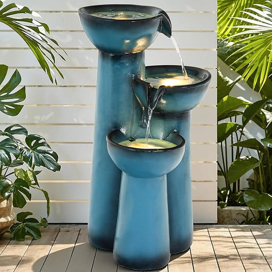 27" Outdoor Water Fountain with LED Lights, 3-Tier Cascading Faux Ceramic Column Water Feature with Pump for Garden Patio Backyard, Weather-Resistant Resin Waterfall for Serene Oasis, Blue