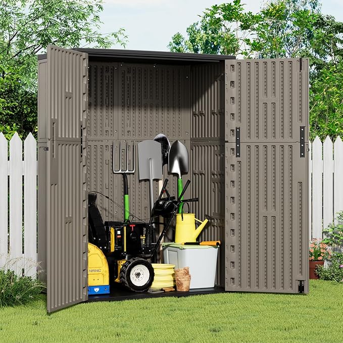 KINYING Outdoor Storage Cabinet Waterproof, 57 Cu.ft Resin Vertical Outdoor Storage Shed for Patio Furniture, Garden Tools, Pool Accessories, Mower Storage (Brown) - Image 2