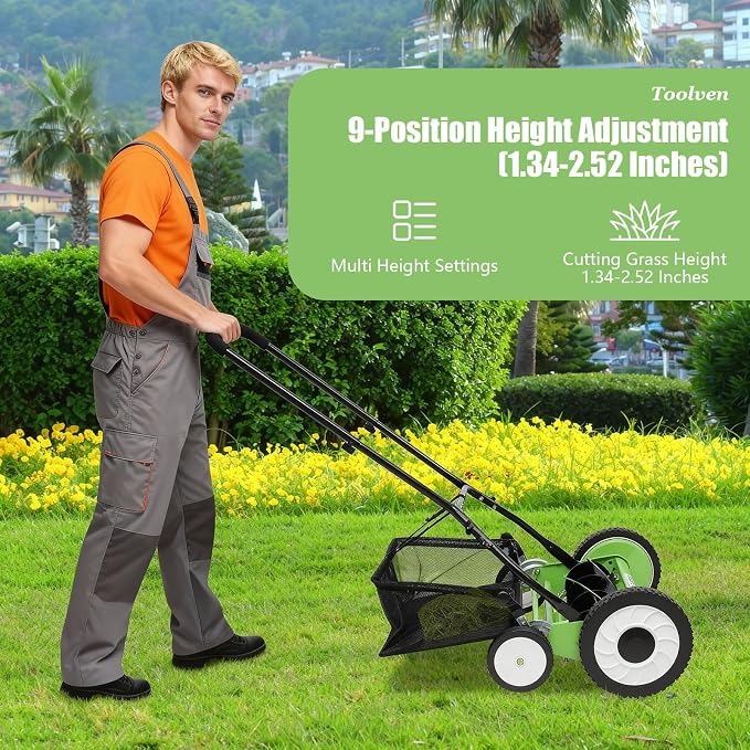 16" Push Reel Lawn Mower,5 Blades Cordless Manual Reel Lawn Mower, 1.3-2.5 Inch Adjustable Cutting Height, Manual Push Mower with Grass Catcher Bag, Green - Image 5