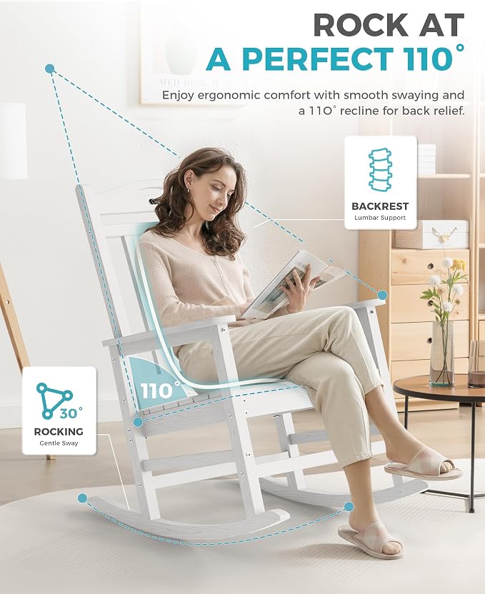 Ciokea Oversized Outdoor Rocking Chairs Set of 4, 380lbs Heavy-Duty Large Patio Rocker, High Back Cozy Porch Chairs, Weather Resistant Patio Rocking Chairs for Outside, Fire Pit, Deck, White - Image 4