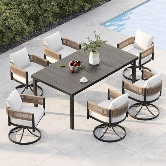 Grand patio Outdoor Dining Set for 6, 7PCS Patio Table and Chairs Set, Metal Woven Wicker Swivel Patio Chairs with Thickened Cushions & Rectangular Woodgrain Dining Table with Umbrella Hole (Natural) by GrandPatio