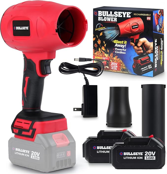 Bullseye Blower – Cordless Leaf Blower, Handheld Turbo Jet with 2 Batteries, 20V 350W Electric Air Power for Patio, Garage Cleaning and Car Drying – As Seen on TV by EMSON