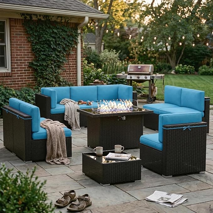 10 Pieces Patio Furniture Set with 44" Propane Gas Fire Pit Table, Outdoor Sectional Wicker Conversation Sofa Sets with Coffee Table