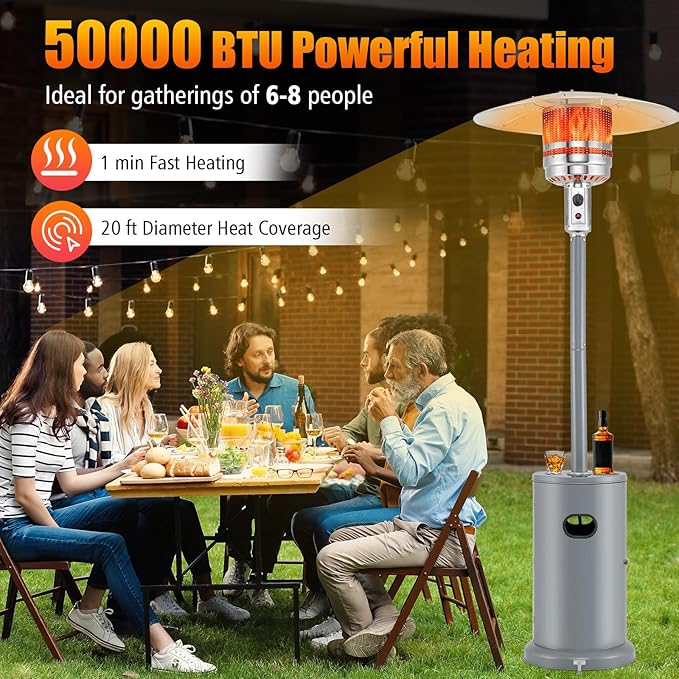 Giantex 50,000 BTU Propane Outdoor Heater, Patio Heater w/Round Table Design, Stainless Steel Burner, Tip-Over & Flame-Out Protection, Propane Heater w/Wheels for Backyard, Garden, Commercial (Grey)