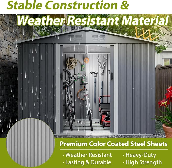 YOPTO 8X6 FT Outdoor Storage Shed with Roof,Waterproof House Tool Cabinet W/Metal Foundation & Lockable Doors,for Shovels,Umbrellas,Antennas,Escalators,Gray - Image 7