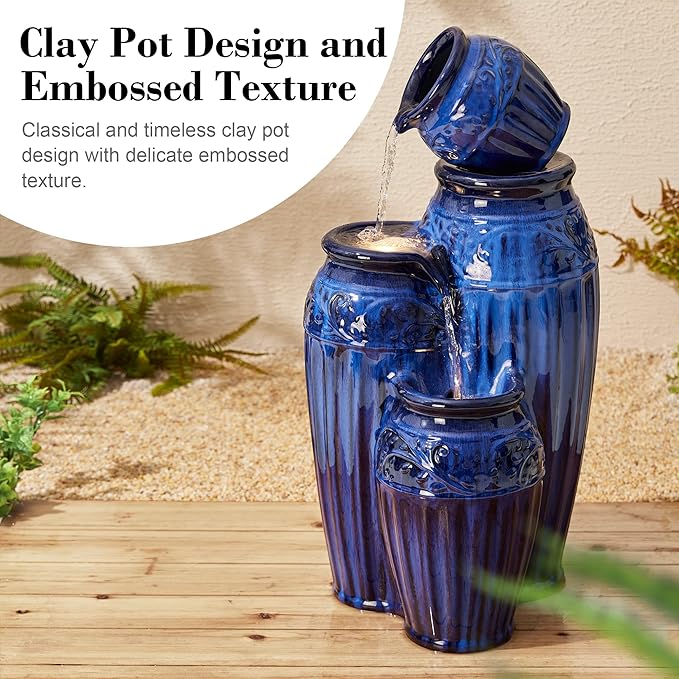 Glitzhome Water Fountain Outdoor with LED Lights, 4-Tier Ceramic Pots Outdoor Water Fountain, Embossed Pattern Cascading Water Feature for Garden Patio Backyard, Cobalt Blue, 27.25" H