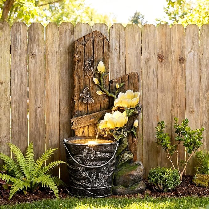 30.7" H 3-Tier Rustic Water Fountain Outdoor with Lights, Faux Iron Bucket & Wooden Stripe Cascading Waterfall Feature with Flowers & Butterfly for Garden, Patio, Backyard, Porch, Yard Decor