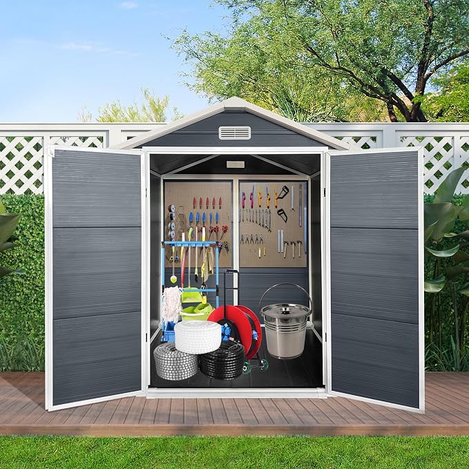 YOPTO 6x6 FT Storage Shed,Plastic Outdoor Storage Shed with Floor and Lockable Door,Waterproof Garden Shed W/Windows & Vents,Sloped Roof,Tool House for Storing Bicycles,Lawnmowers,Cold Grey by Unknown