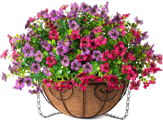 HyeFlora Artificial Faux Hanging Plants Flowers Basket for Spring Summer Outdoor Outside Decoration, Fake Silk Colorful Daisy Eucalyptus in Planter UV Resistant Realistic for Porch Patio Balcony Yard - Image 8