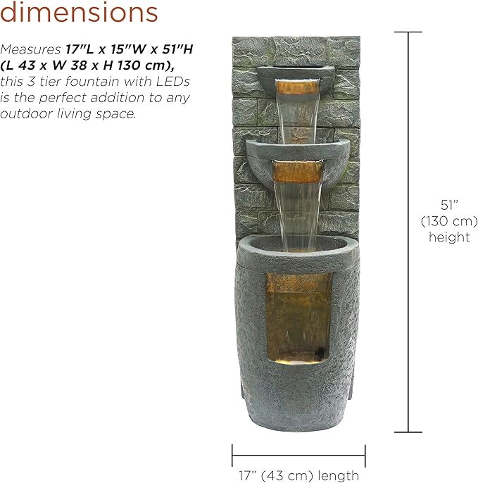 Alpine Corporation TZL384 Outdoor 3 Tier Water Fountain with LED Lights for Garden, Patio, Lawn and Yard Spaces, 51" H, Gray