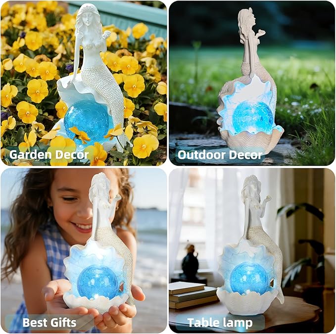 Solar Garden Mermaid Decor Outdoor Statue - Mermaid With LED Waterproof Sculptures Lights, Cute Mermaid Pond/Yard Statues Outside Decoration, Home, Lawn, Patio, Resin Animal Ornament, Gardening Gift