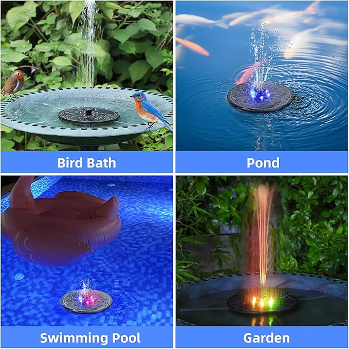 Solar Water Fountain,Upgrade 3W Solar Powered Bird Baths Fountains Pump, Solar Fountain with Lights 7 Nozzles Four fixators, Outdoor Bird Bath. GardenPond,Decorative Water Fountains.