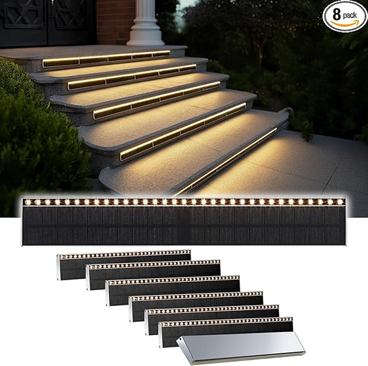 Solar Step Lights for Outside, 33 Focused-Beam High-Brightness LEDs, Waterproof Aluminum Outdoor Stair Light for Risers, Curbsides, Poolsides, Planter Edges (Warm White, 8Pack)