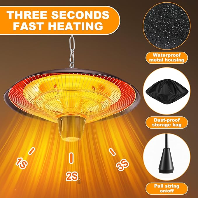 Outdoor Hanging Patio Heater 1500W Electric Hanging Ceiling Mounted Infrared Heater with Storage bag 3s Fast Heating, Quiet, Adjustable Chain, for Home Garage Balcony Studio