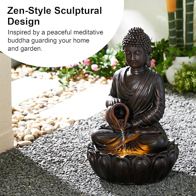 Glitzhome Buddha Fountain Outdoor 2 Tier Zen Style Buddha Water Fountains with Pump & LED Light, Buddha Fountains and Waterfalls Outdoor Floor Fountain Buddha Statues for Garden Patio Backyard 20.5"H