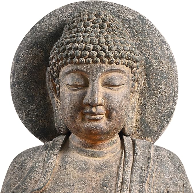 Teamson Home Buddha Zen Statue Water Fountain with LED Light and Pump for Outdoor Patio Garden Backyard Decking, 28 Inch Height, Stone Gray